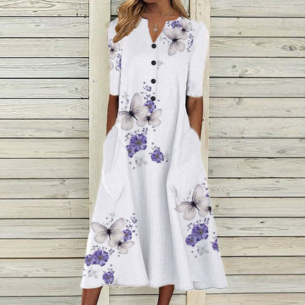 LP | Vestito midi da donna - Scollo a V - abbottonatura - maniche corte - stampa floreale a farfalla - tasche