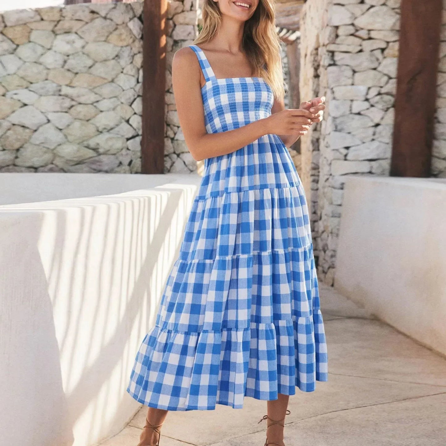 LP | Sciolto, a righe, in spiaggia, senza maniche, vestito midi casual a strisce