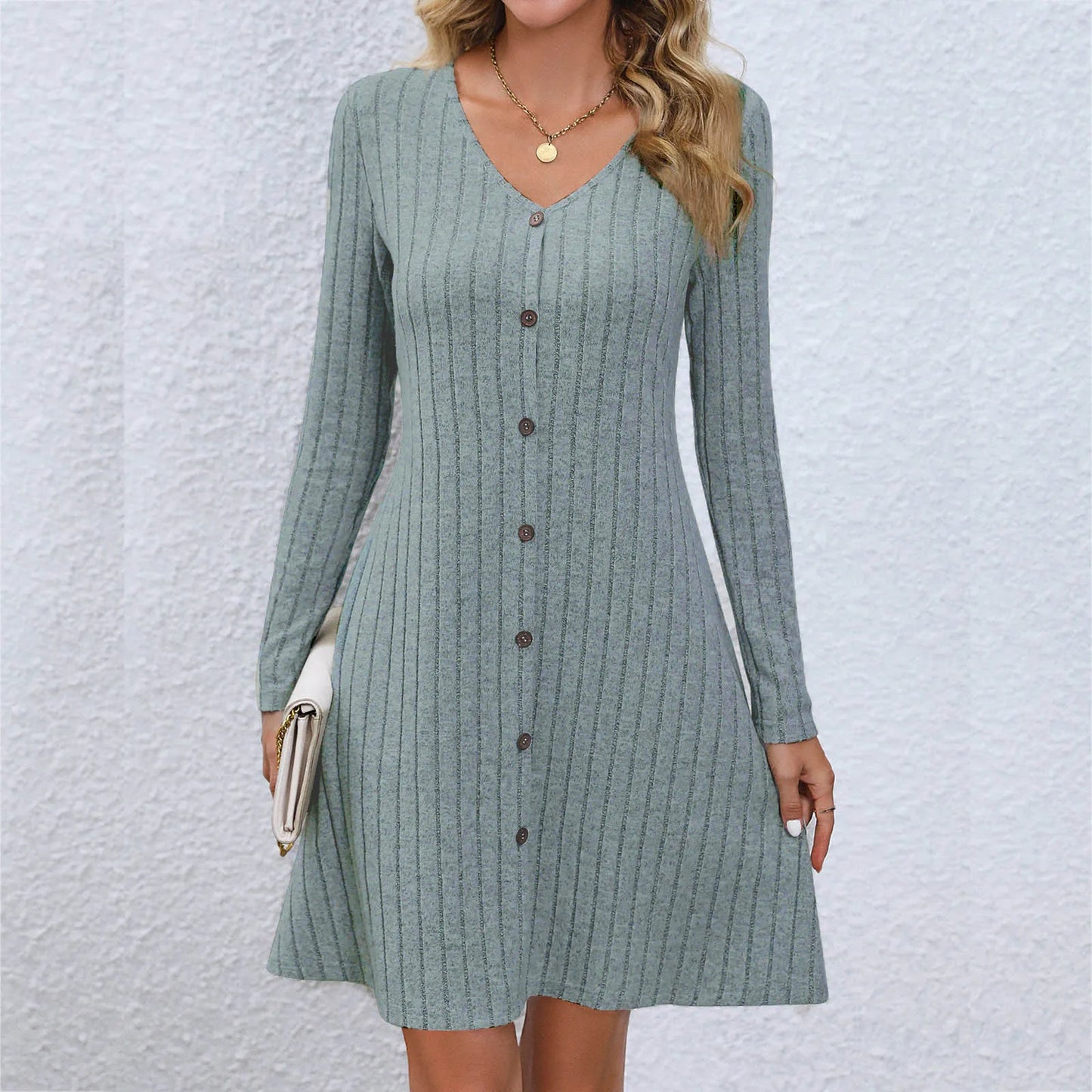 LP | Abito midi chic con scollo a V e abbottonatura in vita, maniche lunghe, monocolore