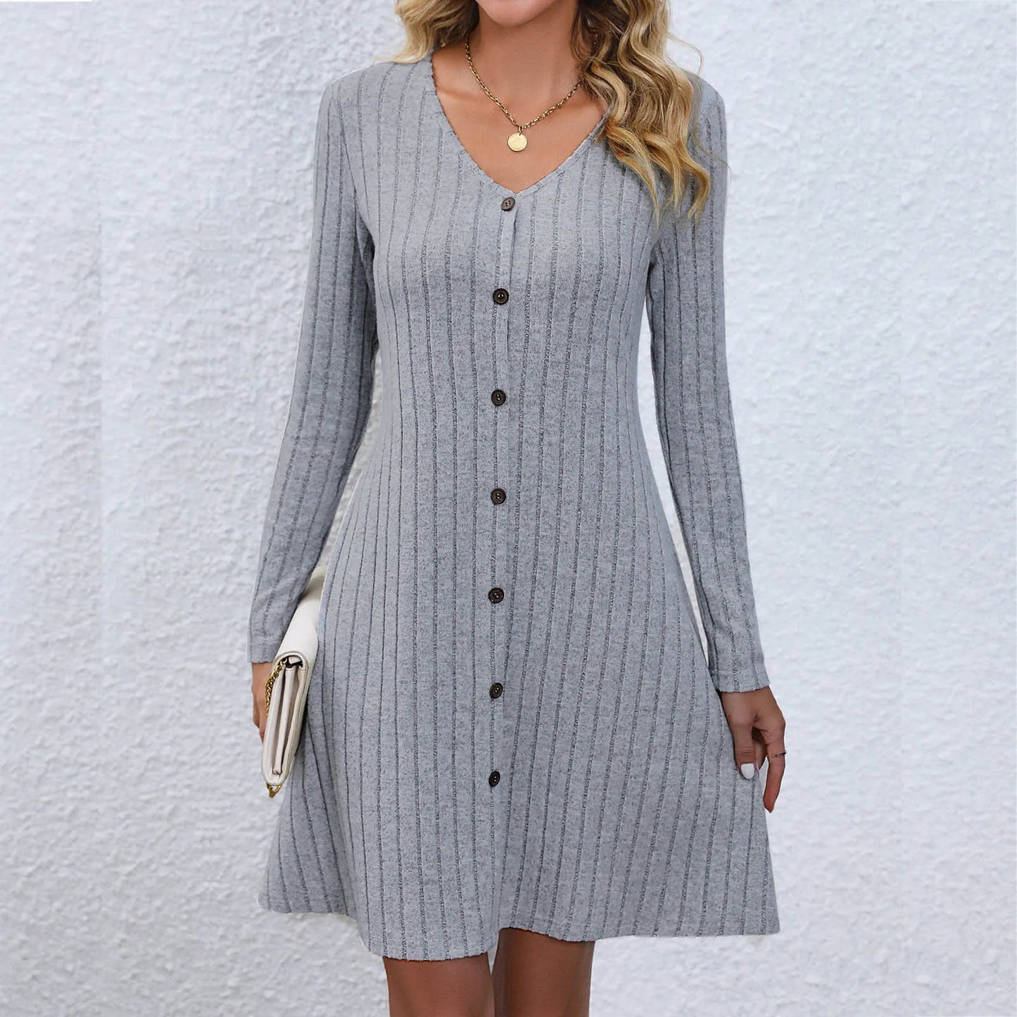 LP | Abito midi chic con scollo a V e abbottonatura in vita, maniche lunghe, monocolore