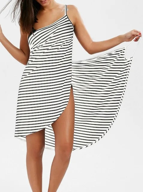 LP | Vestito midi a righe senza schienale con scollo a V e spaghetti al ginocchio