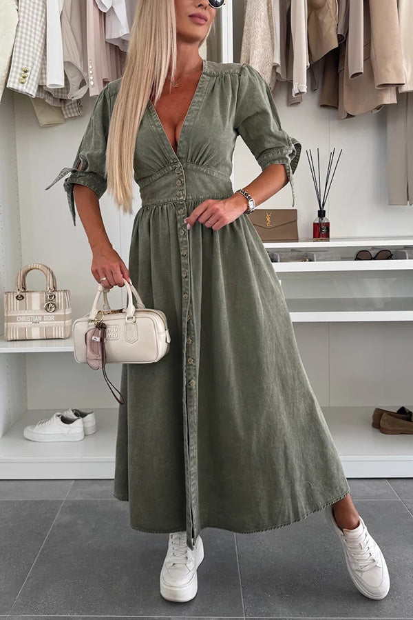 LP | Vestito midi in denim tinta unita con scollo a V e bottoni