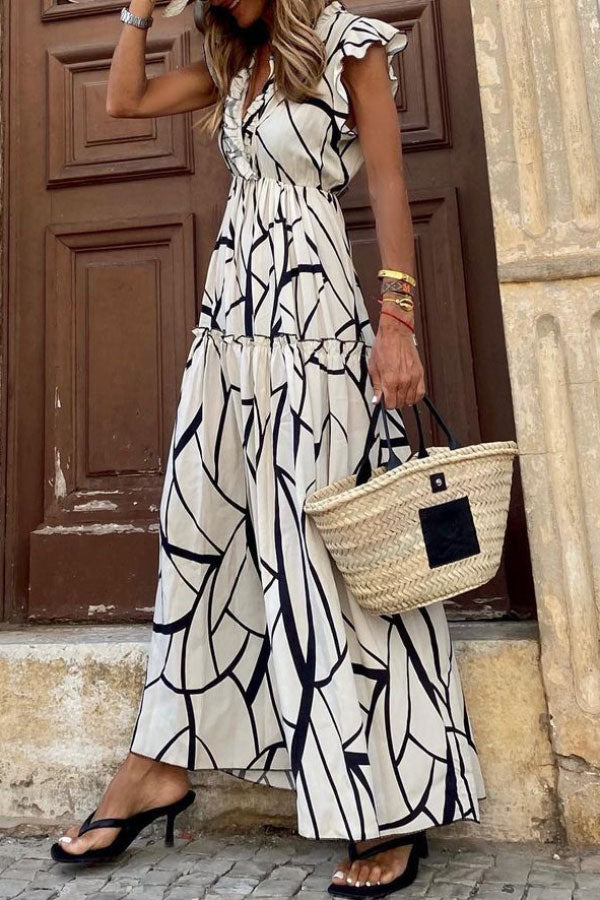 LP | Abito midi con scollo a V e volant con stampa geometrica