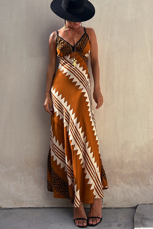LP | Always Falling - Vestito midi in raso con stampa etnica e schiena smockata