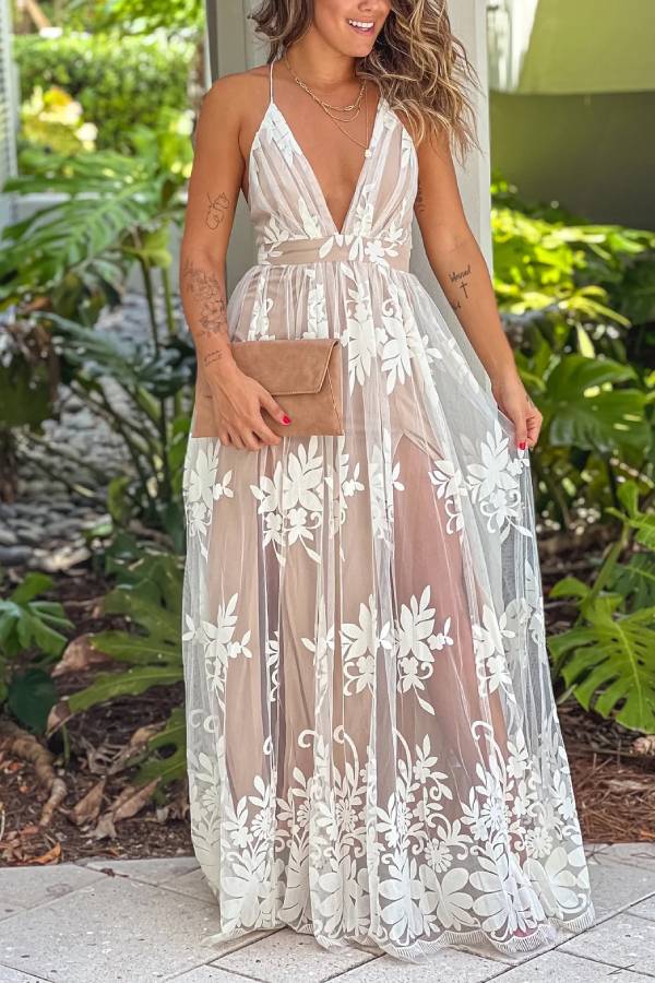LP | Maxi abito in tulle floreale incrociato sul retro, bianco e beige