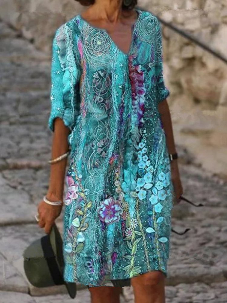 LP | Mini abito casual floreale con stampa geometrica completa