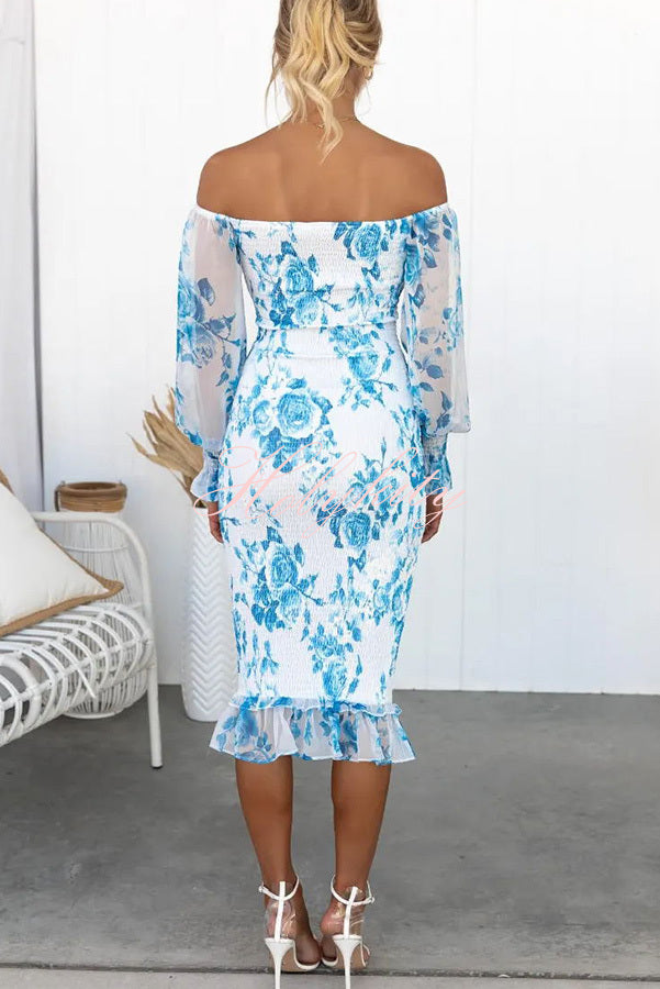 LP | Splendido abito midi off-the-shoulder con stampa floreale e vita smocked
