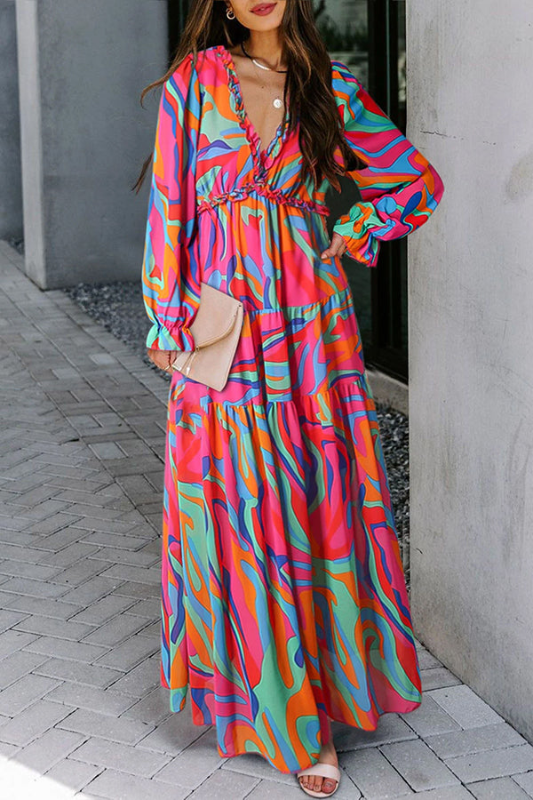 LP | Maxi abito scollato con stampa floreale multicolore e volant