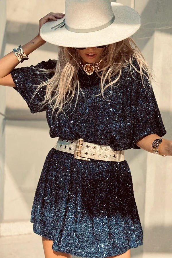LP | Night Moves tessuto paillettes maniche corte backless linea H mini abito
