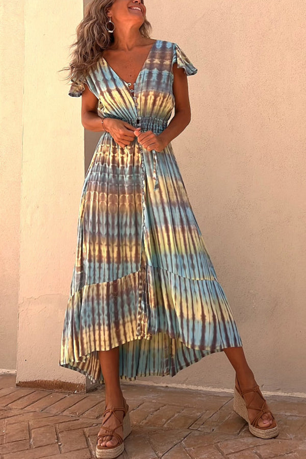 LP | Lorina - Vestito midi senza schienale con bottoni e stampa tie-dye