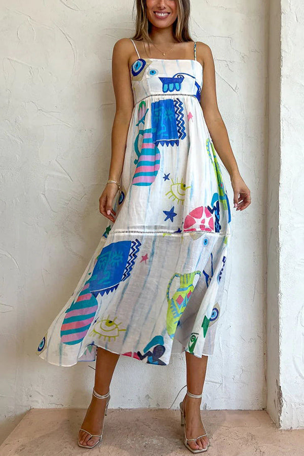 LP | She's The Fun Vestito midi in misto lino con stampa giocosa e bordo a scaletta
