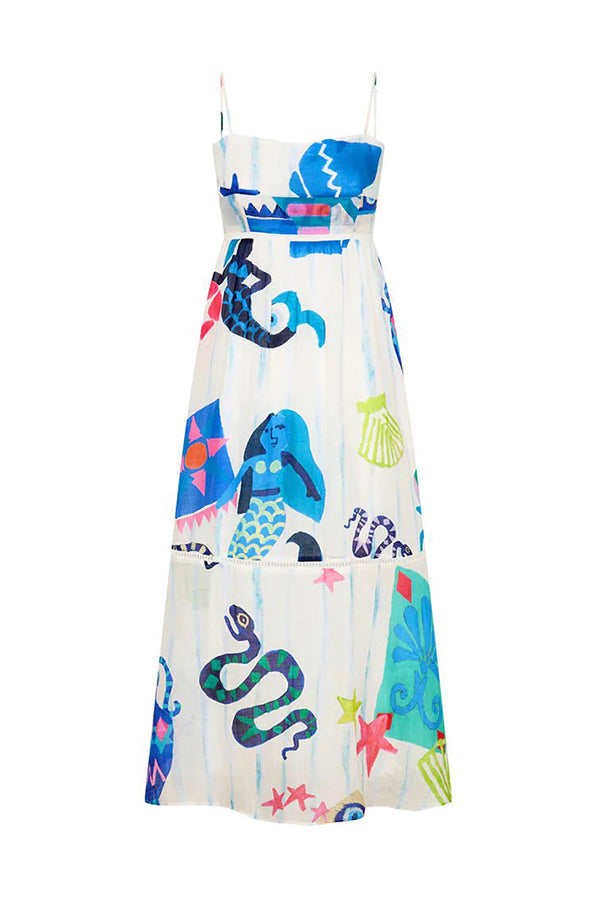 LP | She's The Fun Vestito midi in misto lino con stampa giocosa e bordo a scaletta