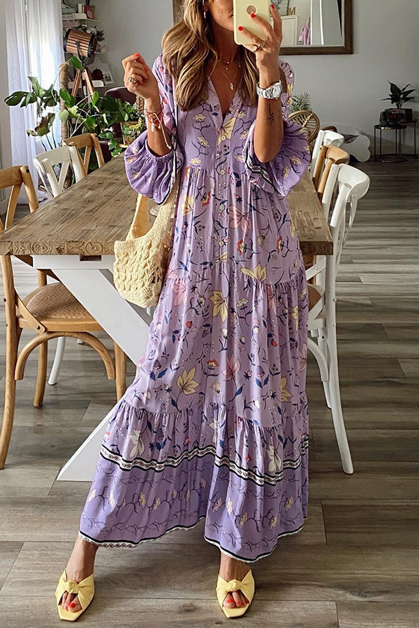 LP | Sapore di lavanda - Maxi abito con maniche lunghe e bottoni stampato - linea A