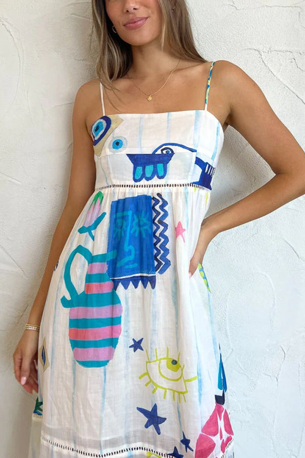 LP | She's The Fun Vestito midi in misto lino con stampa giocosa e bordo a scaletta