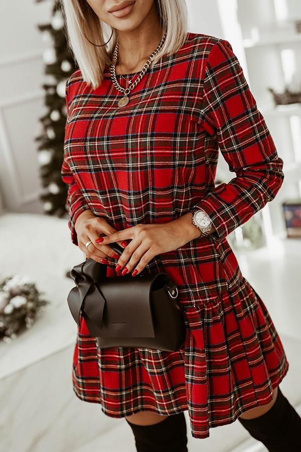LP | Modello a quadri alla moda maniche lunghe scollo rotondo mini abito sottile