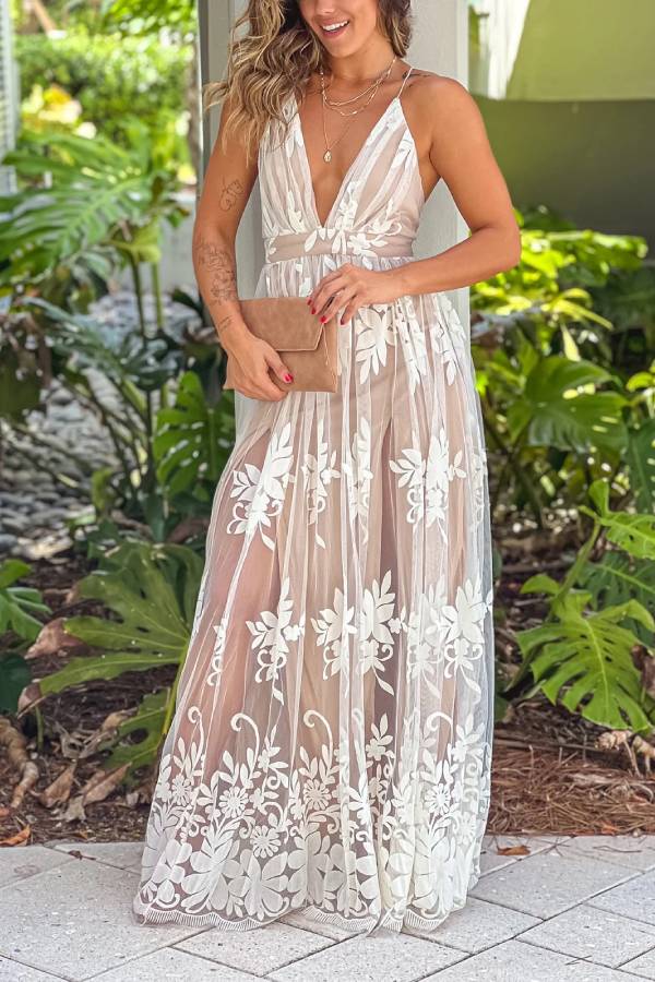 LP | Maxi abito in tulle floreale incrociato sul retro, bianco e beige