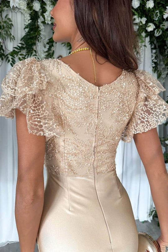 LP | Sognante abito midi di lusso in pizzo e raso patchwork con maniche a balze