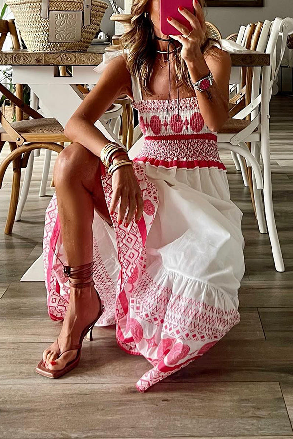 LP | Malibu Villa Maxi abito etnico stampato con spalle smocked