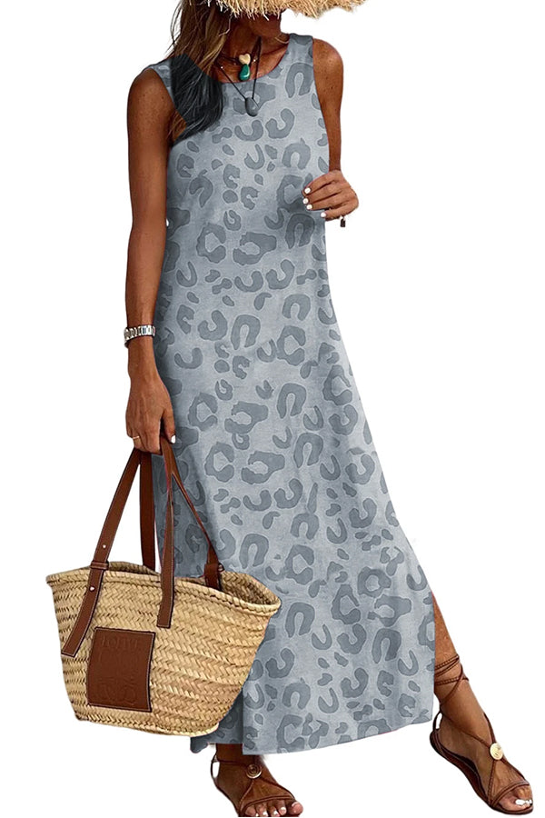 LP | Maxi abito casual grigio con stampa leopardata e spacchi laterali