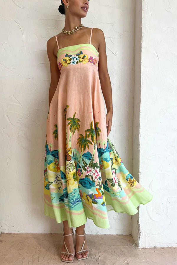 LP | Coconut Scenery in misto lino con stampa tropicale e abito midi con schienale smockato