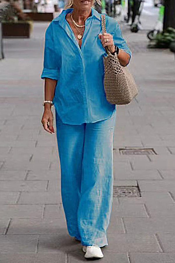 LP | Set di due pezzi Camicia con risvolto e manica lunga Pantaloni casual unicolore a gamba larga Abito