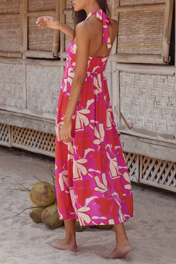 LP | Vestito midi con stampa a fiori di loto con scollo a mezzaluna