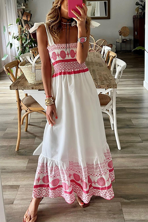 LP | Malibu Villa Maxi abito etnico stampato con spalle smocked