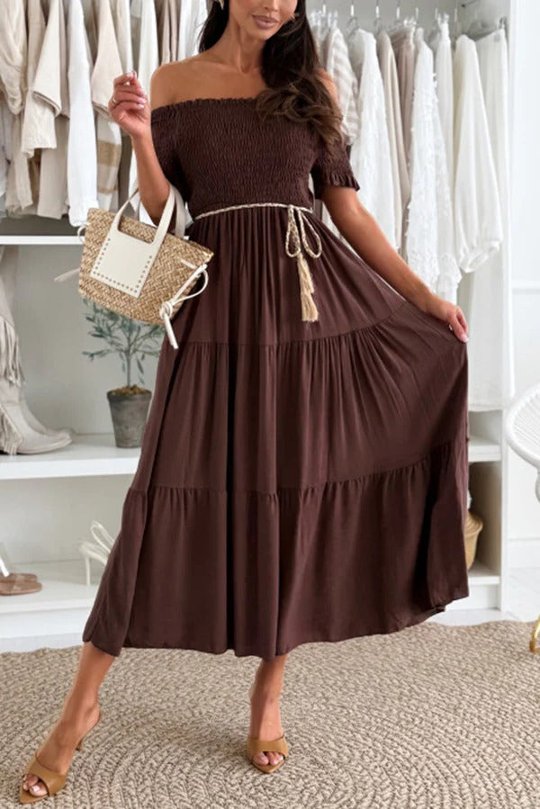 LP | Abito midi off-the-shoulder a tinta unita con pieghe in vita
