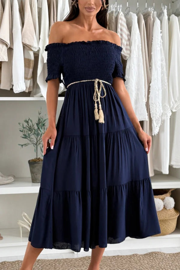LP | Abito midi off-the-shoulder a tinta unita con pieghe in vita