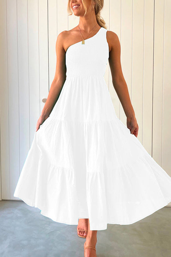LP | Maxi abito senza maniche, off-the-shoulder, con volant e rouches