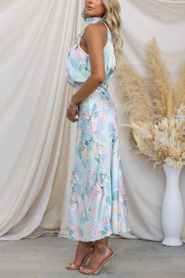 LP | Love In The Garden Maxi abito floreale con collo a farfalla e vita elasticizzata