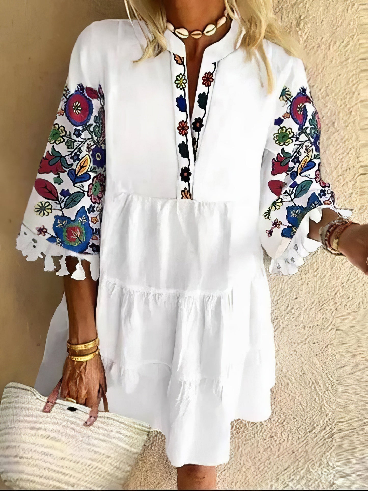LP | Mini abito con frange e stampa floreale con scollo a V
