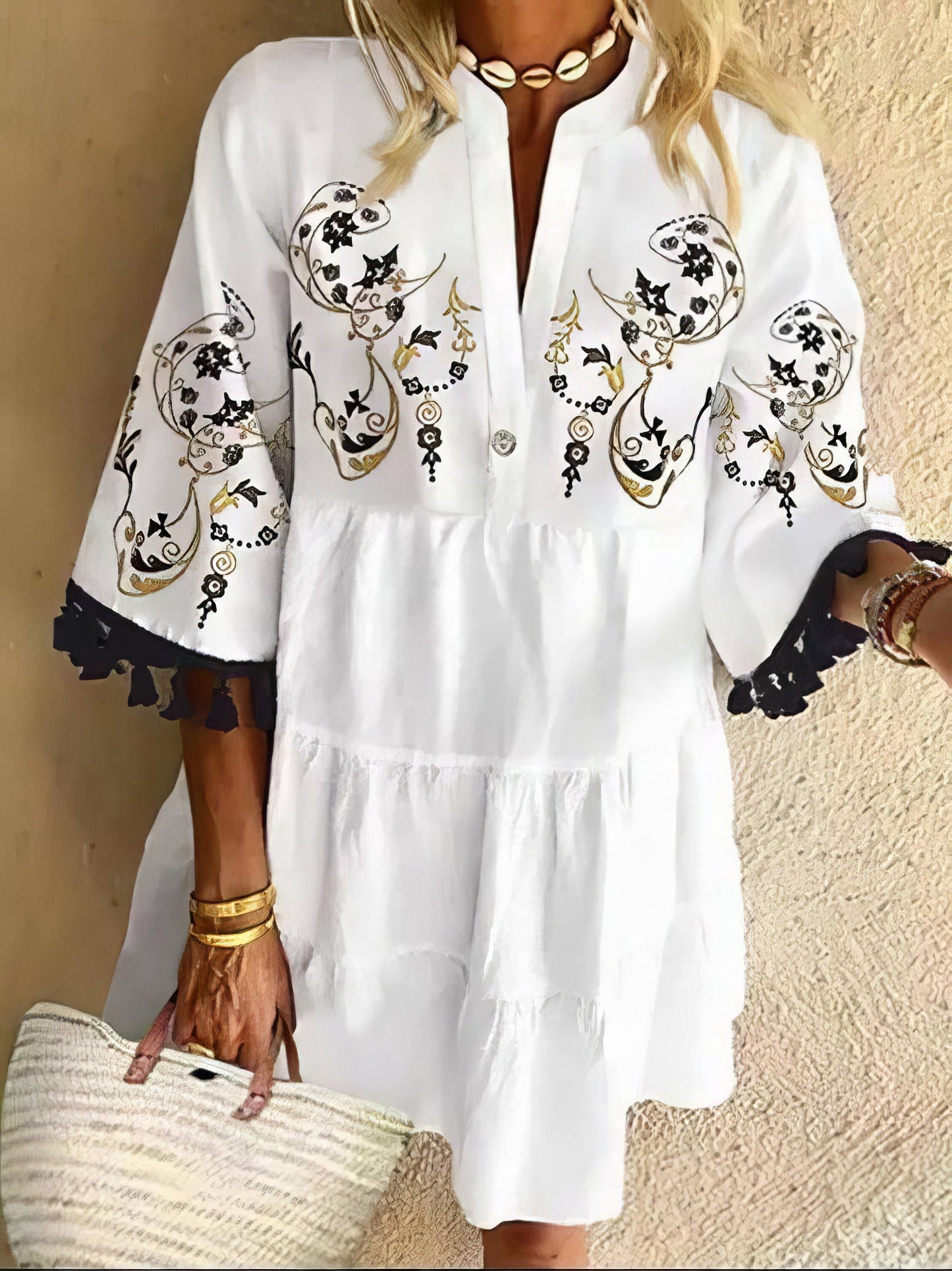 LP | Mini abito con frange e stampa floreale con scollo a V