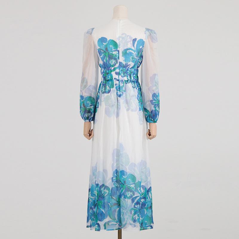 LP | Abito midi da donna - Scollo a V - Vita a rombi - Maniche lunghe - Vestibilità leggera ed elegante