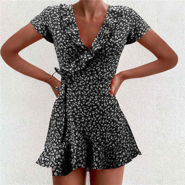 LP | Vestito da donna Boho floreale con volant corto Mini abito