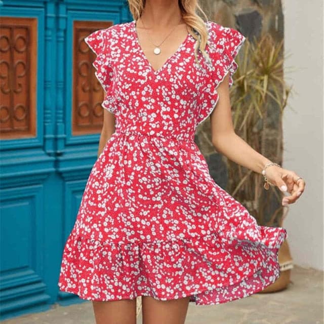 LP | Vestito da donna Boho floreale con volant corto Mini abito