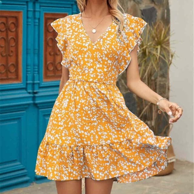 LP | Vestito da donna Boho floreale con volant corto Mini abito