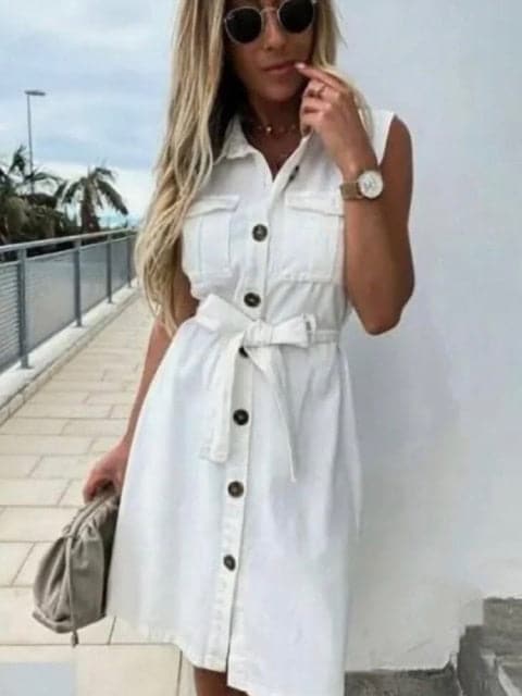 LP | donne vintage frontale pulsante fusciacca cappotto partito vestito senza maniche girare giù collare casual mini abito estate moda nuovo vestito