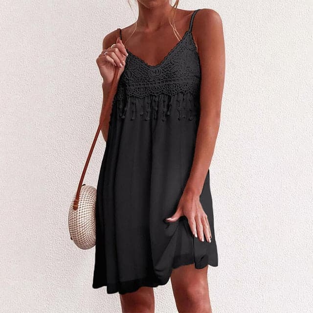 LP | Scollo a V, spalline aperte, pizzo bianco, senza maniche, sciolto, elegante, mini abito