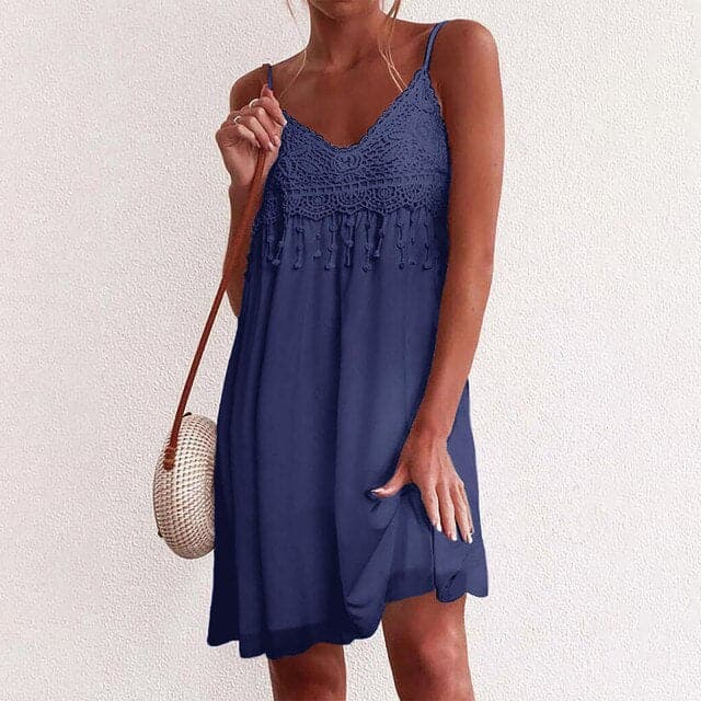 LP | Scollo a V, spalline aperte, pizzo bianco, senza maniche, sciolto, elegante, mini abito