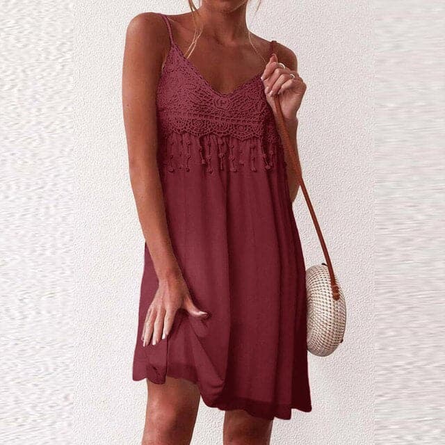 LP | Scollo a V, spalline aperte, pizzo bianco, senza maniche, sciolto, elegante, mini abito