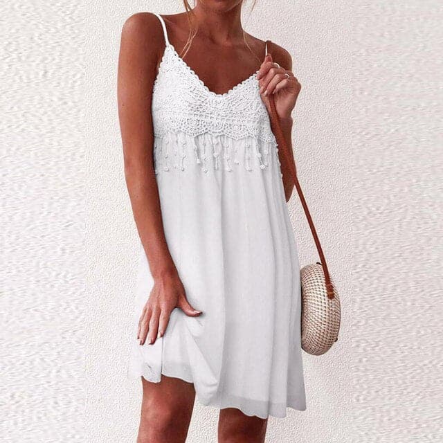 LP | Scollo a V, spalline aperte, pizzo bianco, senza maniche, sciolto, elegante, mini abito
