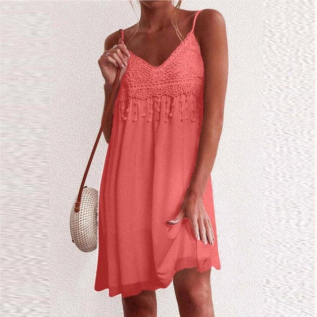 LP | Scollo a V, spalline aperte, pizzo bianco, senza maniche, sciolto, elegante, mini abito