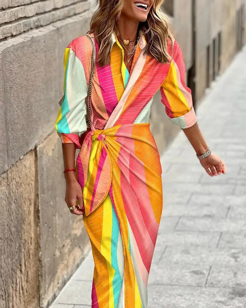 LP | Moda Abito midi a righe con scollo a V e allacciatura