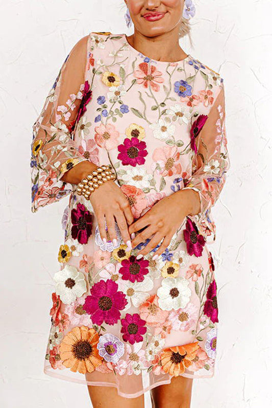 LP | Dahlia Dreaming Ricamato con applicazioni floreali Mini abito a mezza manica