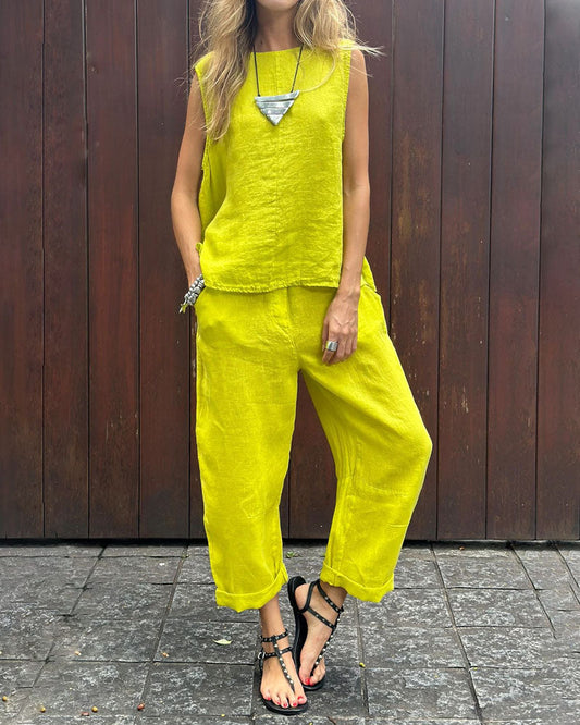 LP | Gilet senza maniche casual a tinta unita e pantaloni in cotone e lino in due pezzi