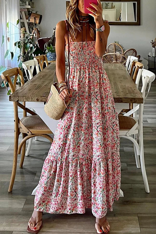 LP | Maxi abito a stampa floreale pronto per le vacanze con vita smocked