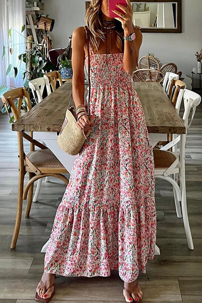 LP | Maxi abito a stampa floreale pronto per le vacanze con vita smocked