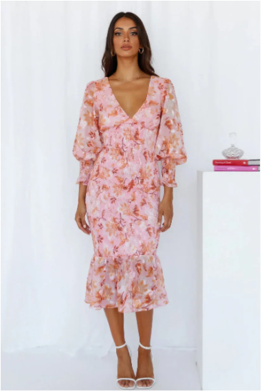 LP | Abito midi aderente a fiori con maniche in voile
