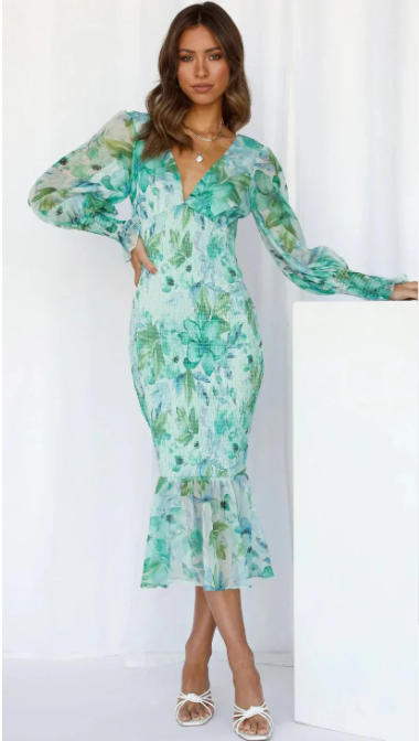 LP | Abito midi aderente a fiori con maniche in voile